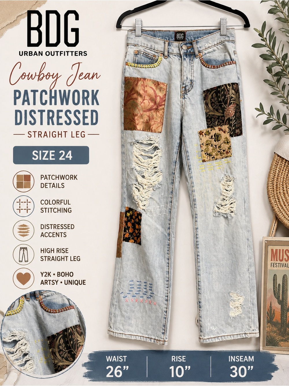 BDG Urban Outfitters Cowboy Jean 24 Patchwork Distressed Straight Leg Jeans